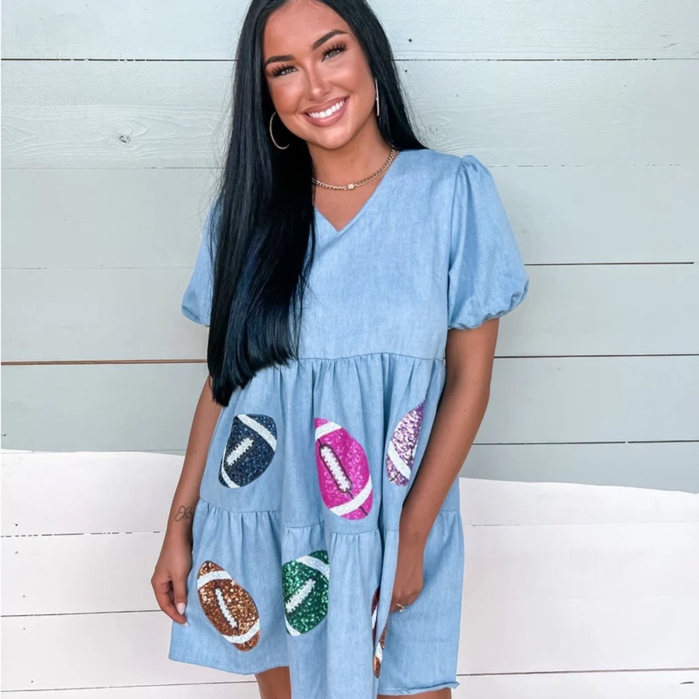 CLEARANCE Peach Love California Blue Dress with Sequin footballs size S nwt